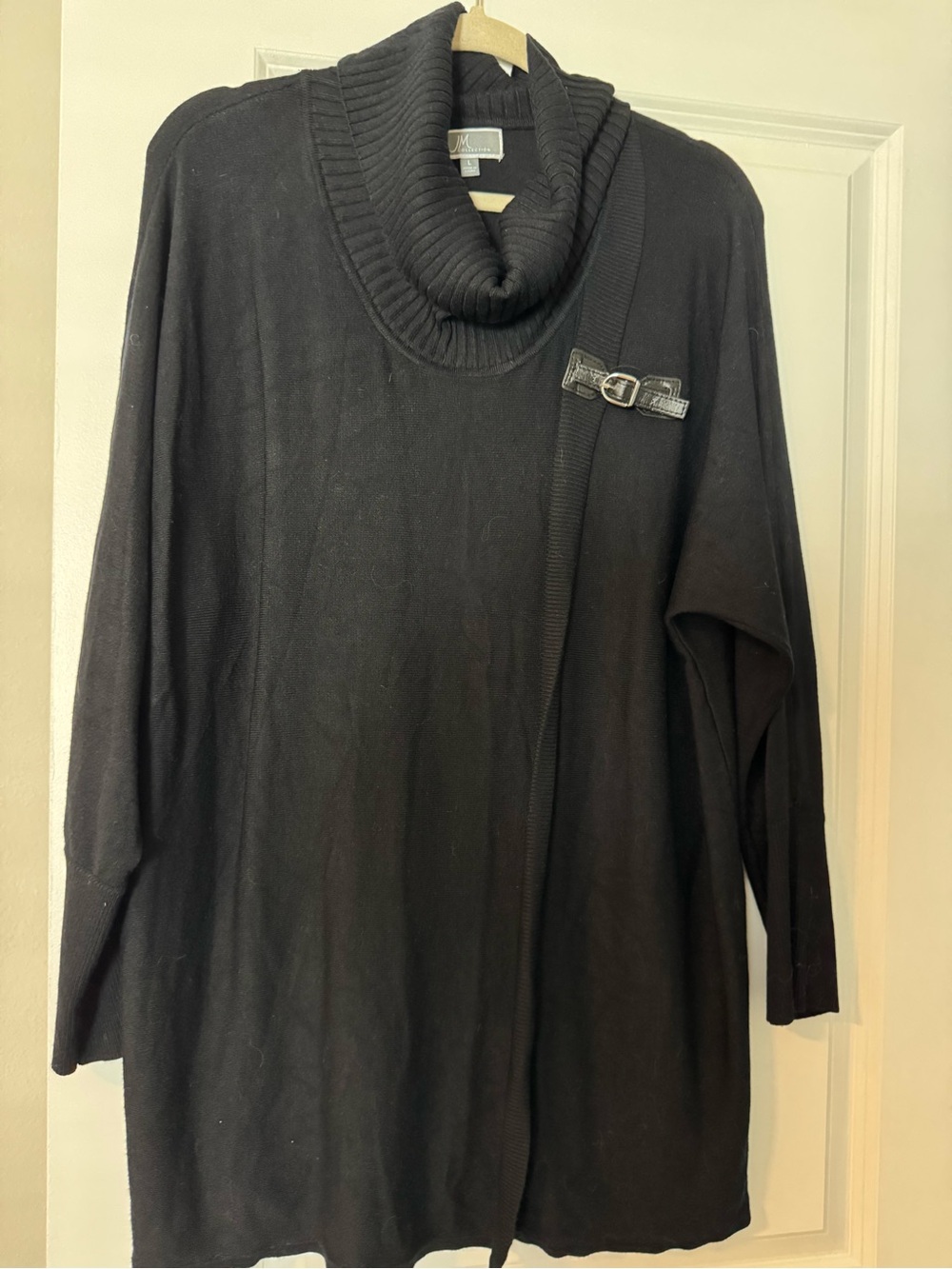 JM Collection Black Cowl-Neck Sweater with Decorative Buckle